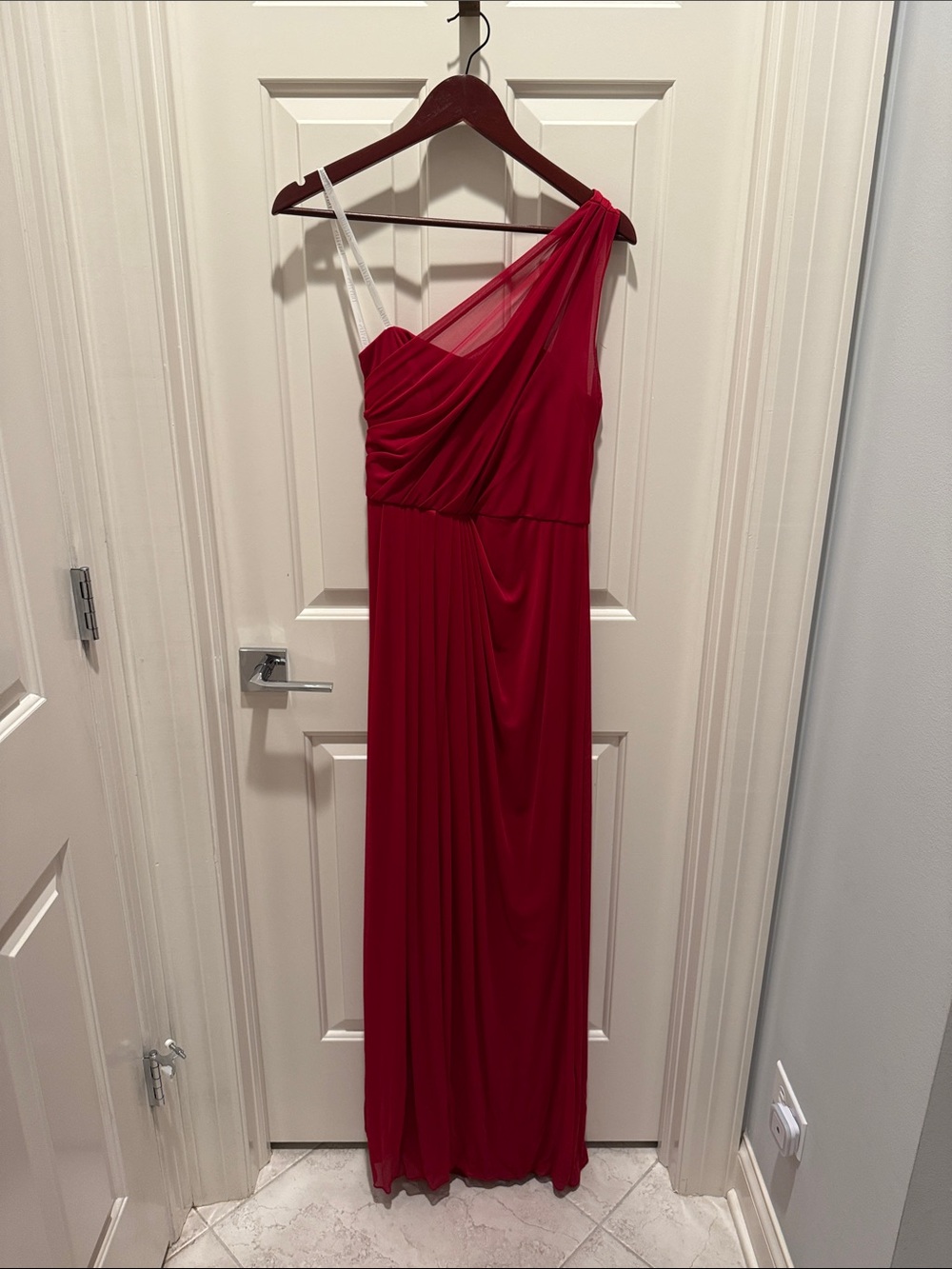 David's Bridal One-Shoulder Red Evening Gown